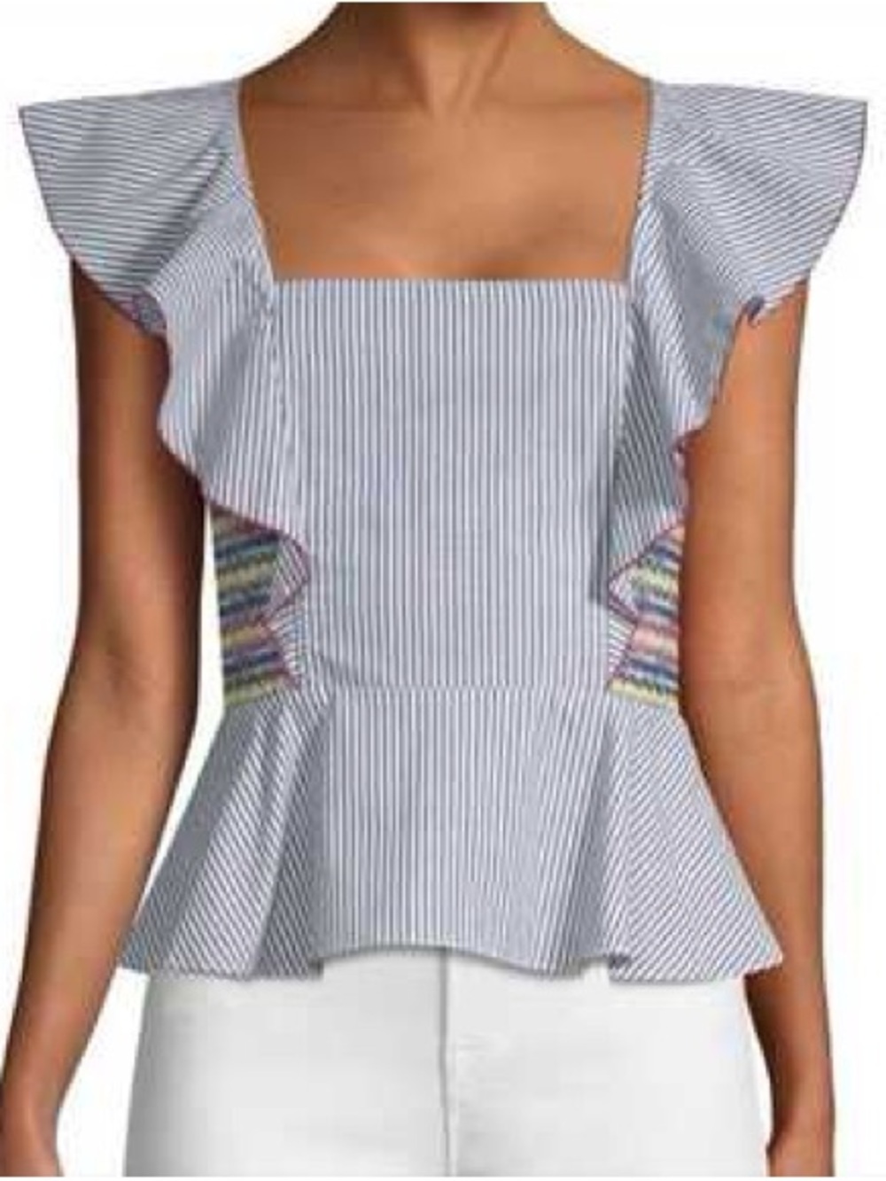 PARKER Striped Square-Neck Peplum Top with Ruffle Shoulders - Blue Size Medium